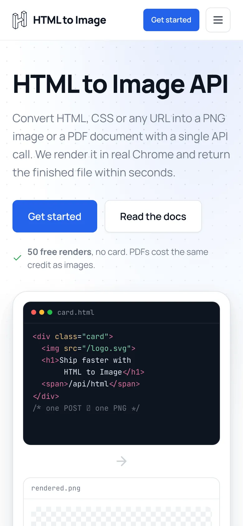 Mobile screenshot of html2img.com captured at a 390 by 844 viewport at device pixel ratio 2